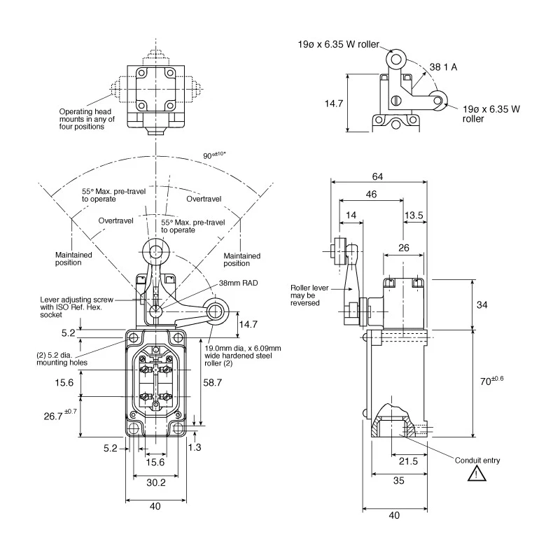 Honeywell Technologies LS Series Fork Roller Lever Limit Switch, SPDT, IP67, Die Cast Zinc Housing, 240V AC, 6A 6LS1-4C