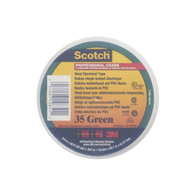 3M Green Polyvinyl Chloride Electrical Tape 19mm x 20m Rubber Adhesive Rubber Adhesion Heat Resistant SCOTCH 35 VERT 20 X 19