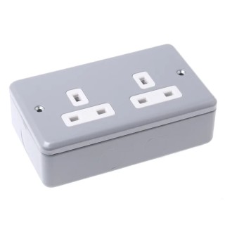 MK Electric 13A Grey 2 Gang Plug Socket Metalclad Plus Indoor Type G British K850 ALM