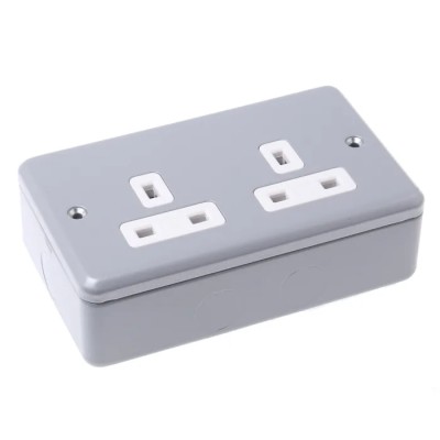 MK Electric 13A Grey 2 Gang Plug Socket Metalclad Plus Indoor Type G British K850 ALM