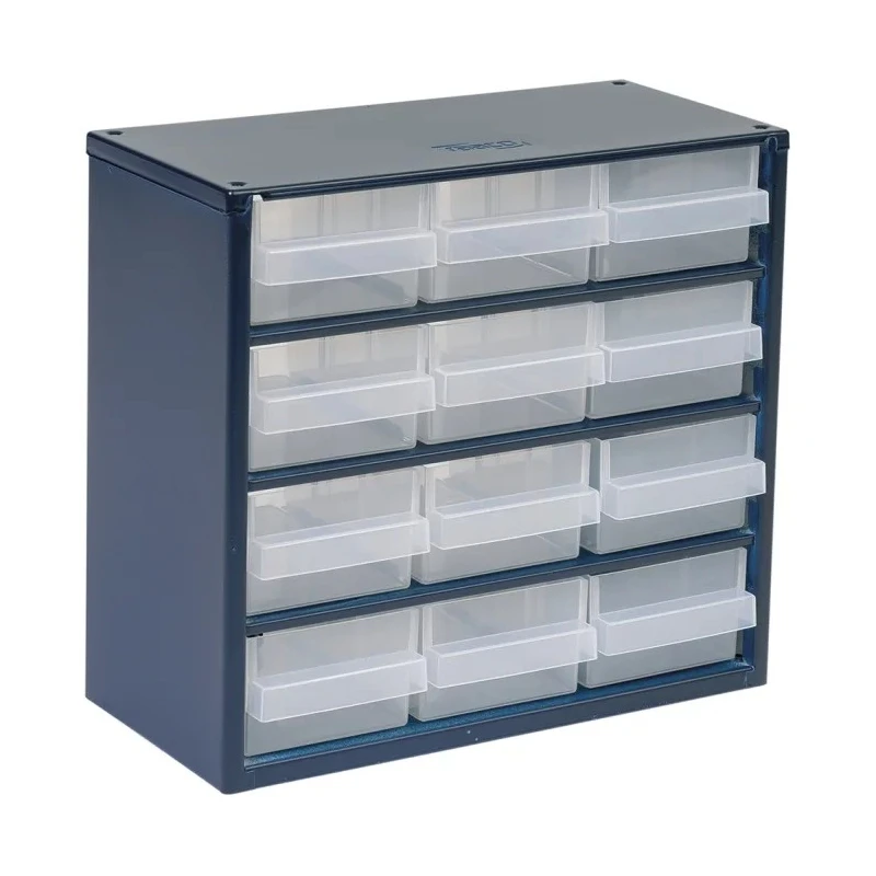 Raaco Drawer Storage Unit 12 Steel Case with 12 Transparent Polypropylene Drawers Blue 283 mm x 306 mm x 150 mm 137553