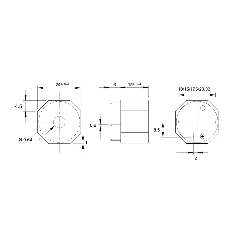 Sonitron 24 mm Through Hole Continuous Internal 1.5 V dc Min 15 V dc Max Piezo Buzzer Component SMA-24L-P17.5