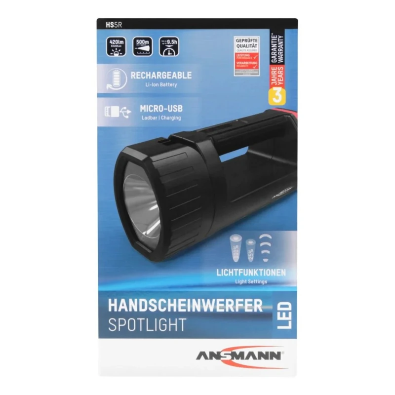 Ansmann LED Hand Lamp Black Rechargeable Lithium-ion Battery USB Rechargeable Dimmable LED Light 1600-0222