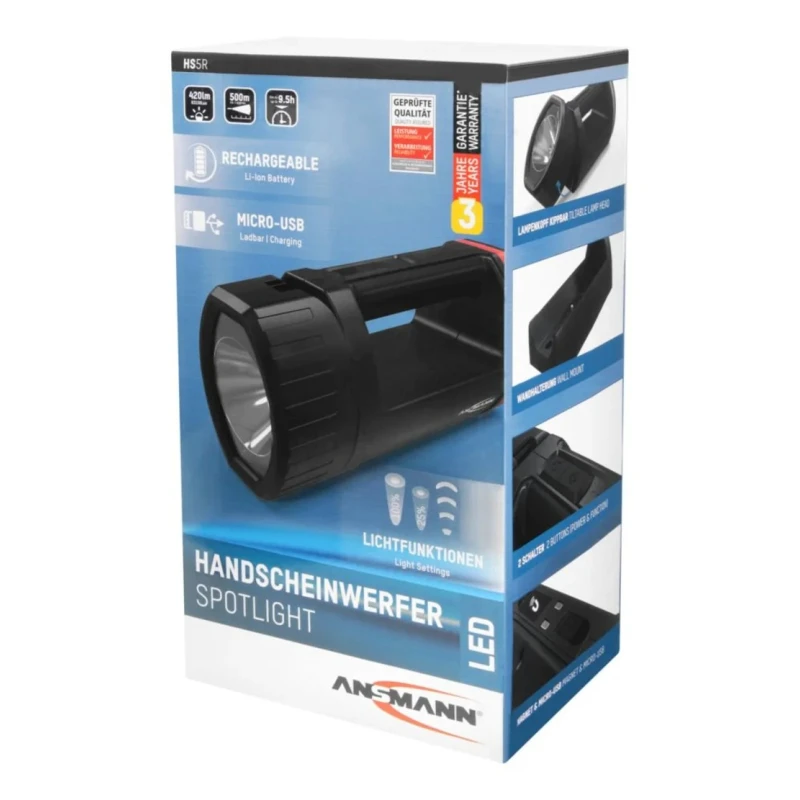 Ansmann LED Hand Lamp Black Rechargeable Lithium-ion Battery USB Rechargeable Dimmable LED Light 1600-0222