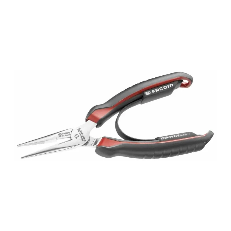 Facom Long Nose Plier, Short Half-Round Nose Plier, 160mm Overall Length, Bi-Material Ergonomic Grip, Chrome 193A.16CPE