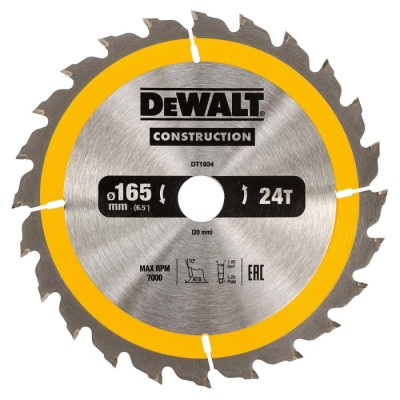 DeWALT Circular Saw Blade 165mm 24 Teeth Per Inch Tungsten Carbide 7000rpm DT1934-QZ