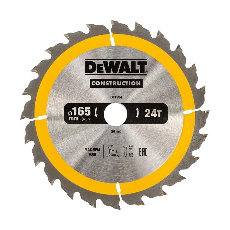DeWALT Circular Saw Blade 165mm 24 Teeth Per Inch Tungsten Carbide 7000rpm DT1934-QZ