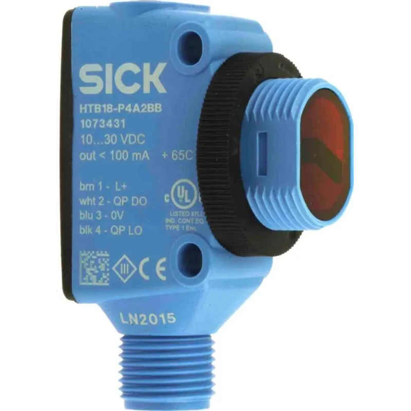 SICK Background Suppression Photoelectric Sensor 300 mm, PNP Output, IP67 IP69K, 30V DC, 0.5ms Response Time HTB18-P4A2BB