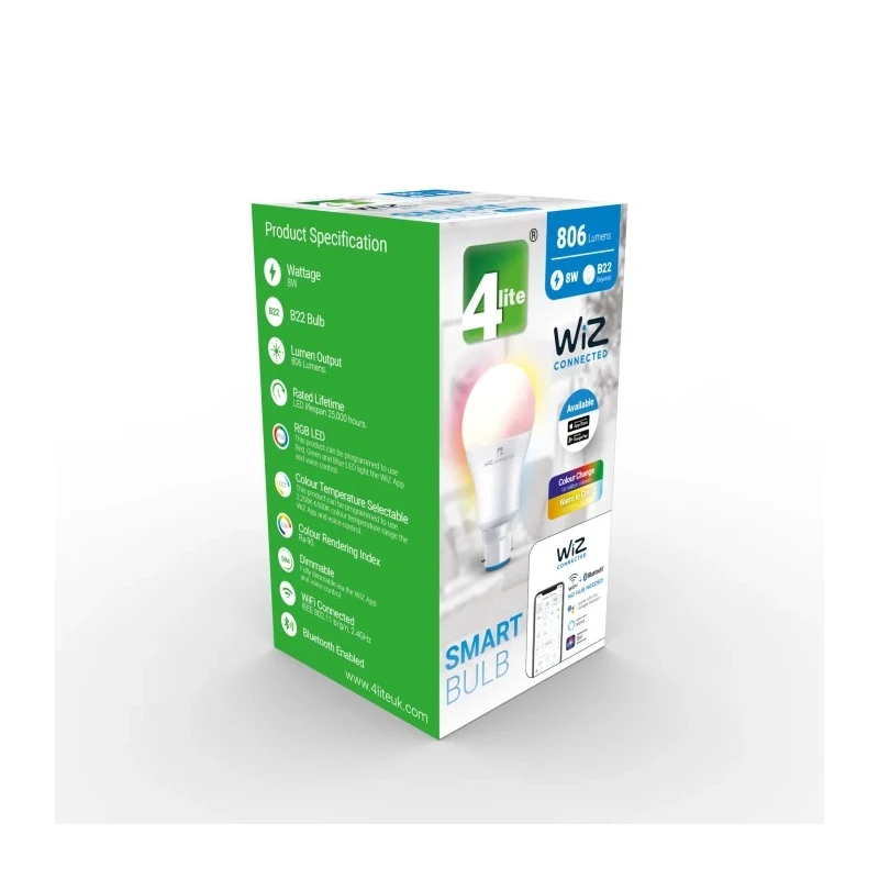 4lite UK 8 W B22 LED Smart Bulb White 6500 K Bluetooth 806lm Lifespan 25000h 4L1/8002