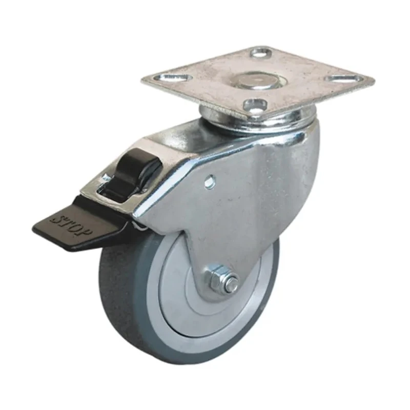 Guitel Hervieu Braked Swivel Castor, 70 kg Load Capacity, 100 mm Rubber Wheel, Pressed Steel Frame, Bright Zinc 366822