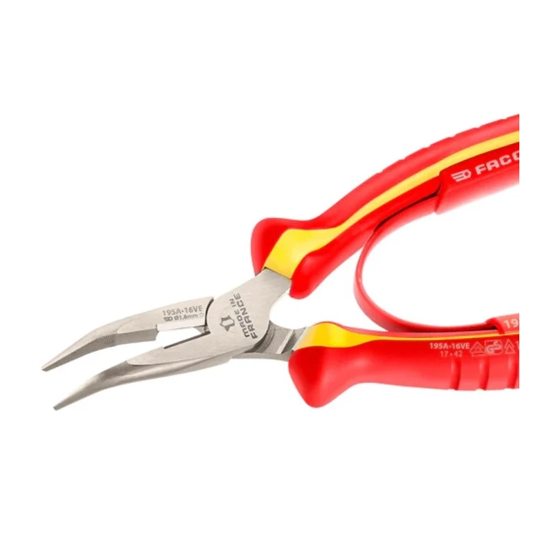 Facom High Carbon Steel 1-Piece Round Nose Plier 160mm Overall with 50mm Serrated Angled Jaw, VDE/1000V Approved 195A.16VE