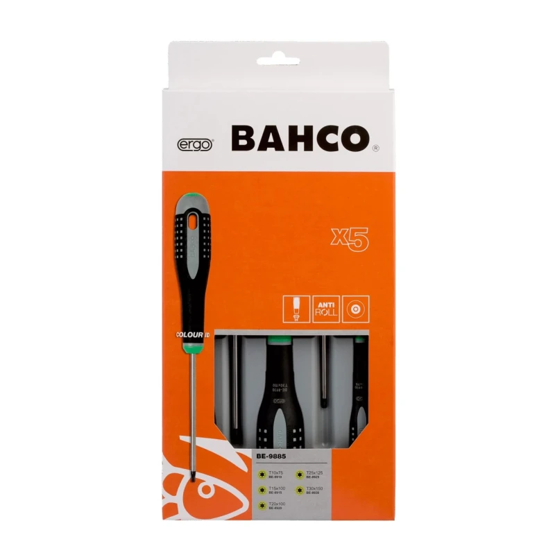 Bahco Torx Standard Screwdriver Set 5-Piece, Tip Sizes T10 T15 T20 T25 T30, Hand Tools BE-9885