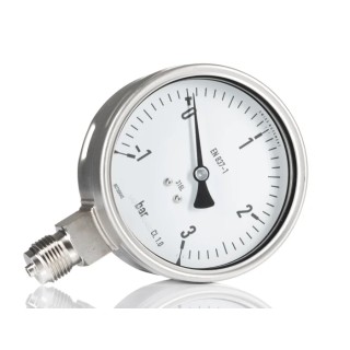 RS PRO 100 mm G 1/2 Pressure Gauge 3 bar Stainless Steel Case Bottom Entry Accuracy ±1 % 60°C Max Operating 258-2324