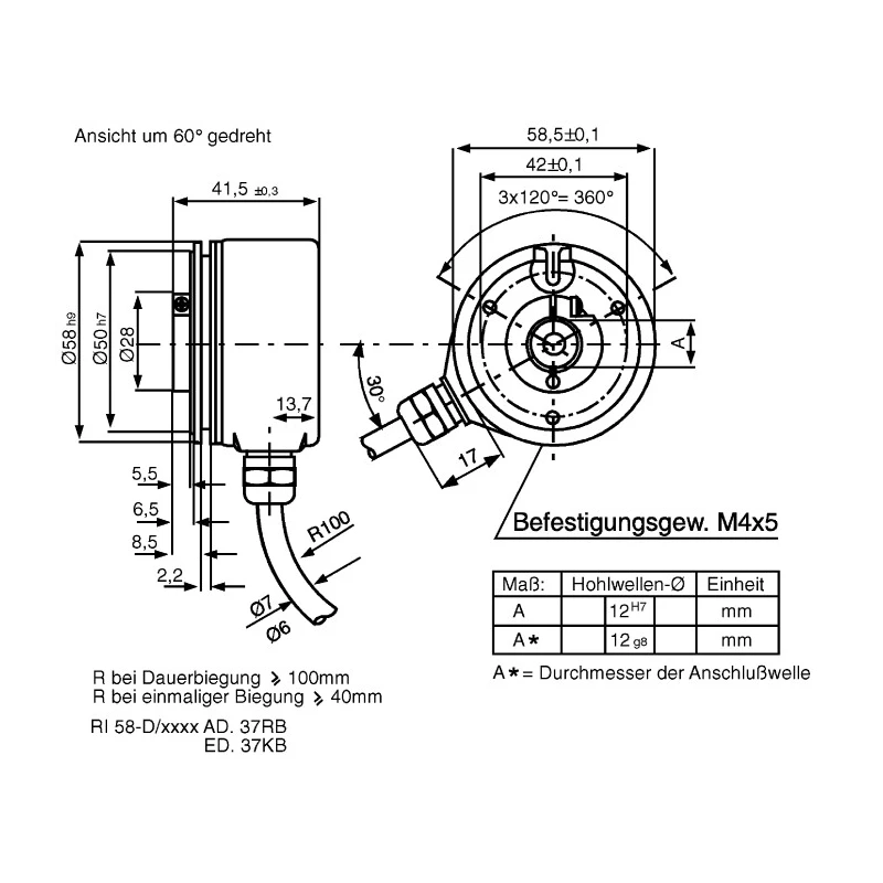 Hengstler RI58-D Series Incremental Encoder 30V dc, 5000 ppr, Push Pull Signal, Hollow Type, 12 mm Shaft RI58-D 5000ED.37KB