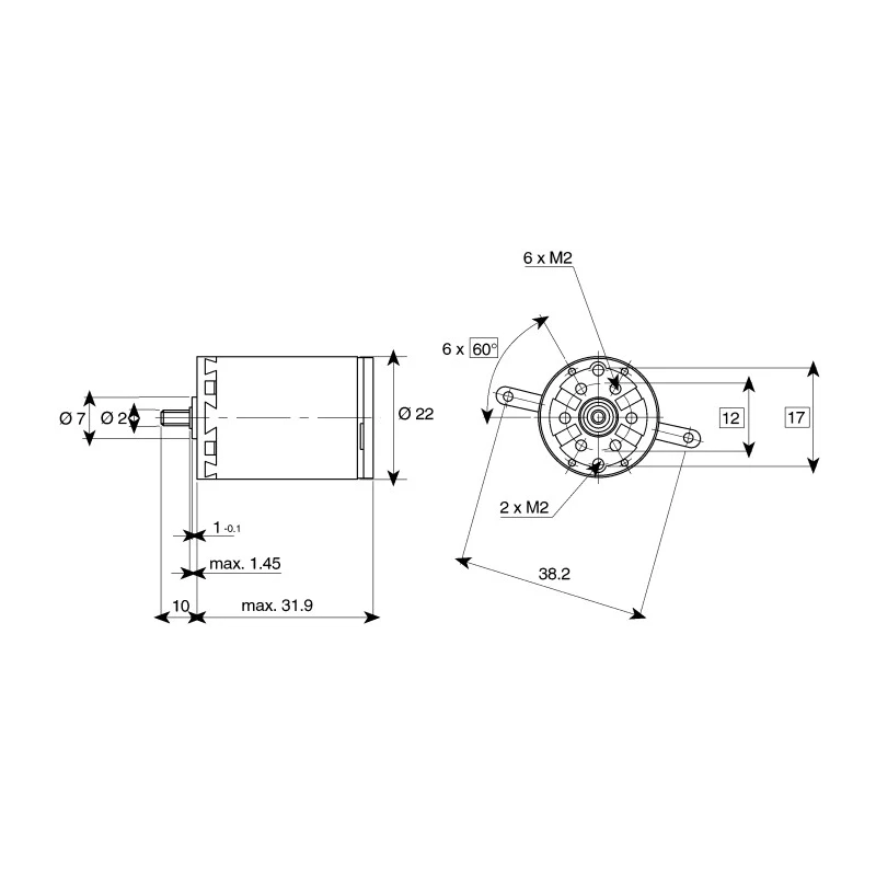Maxon Brushed DC Motor, 24V Supply Voltage, 5W Power, 0.615 Ncm Torque, 6552 RPM Speed, 2 mm Shaft Diameter, Model 134386