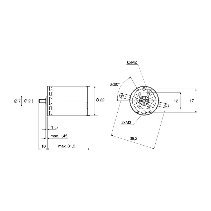 Maxon Brushed DC Motor, 24V Supply Voltage, 5W Power, 0.615 Ncm Torque, 6552 RPM Speed, 2 mm Shaft Diameter, Model 134386