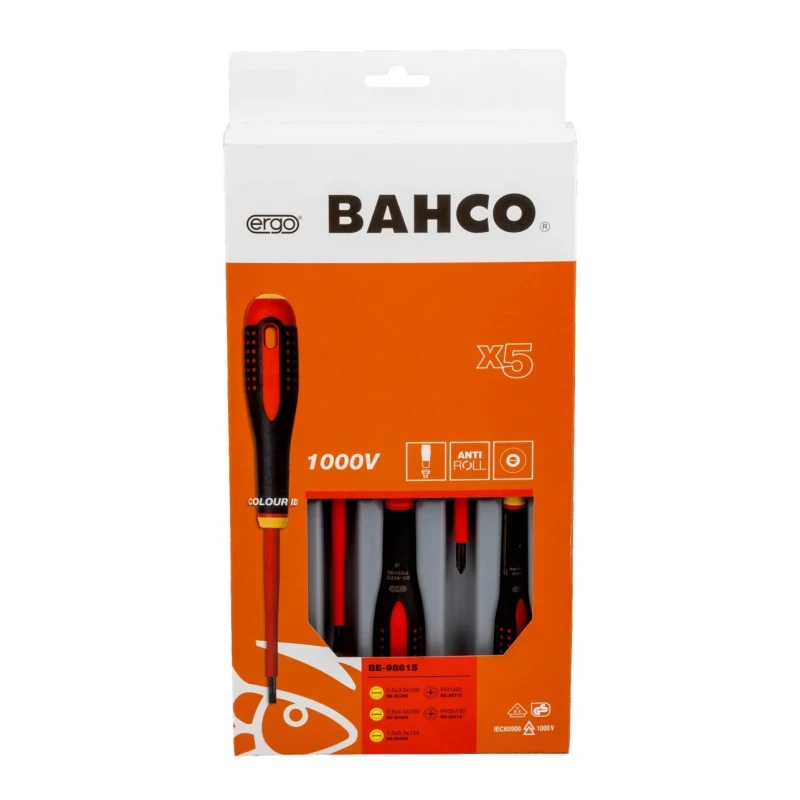 Bahco Insulated Phillips and Slotted Screwdriver Set, Chrome Steel, 5-Piece BE-9881S