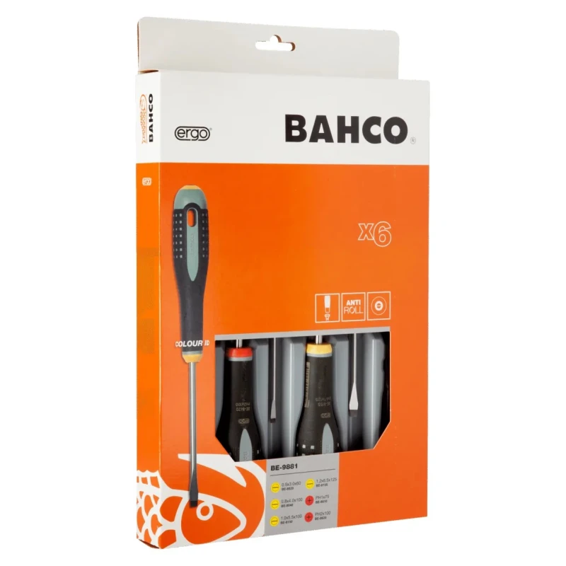 Bahco Phillips and Slotted Standard Screwdriver Set, 6-Piece, Ergonomic, Black Oxide Tips BE-9881