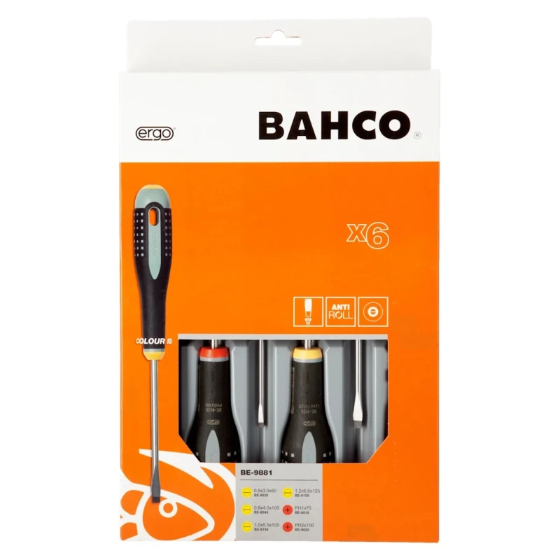 Bahco Phillips and Slotted Standard Screwdriver Set, 6-Piece, Ergonomic, Black Oxide Tips BE-9881