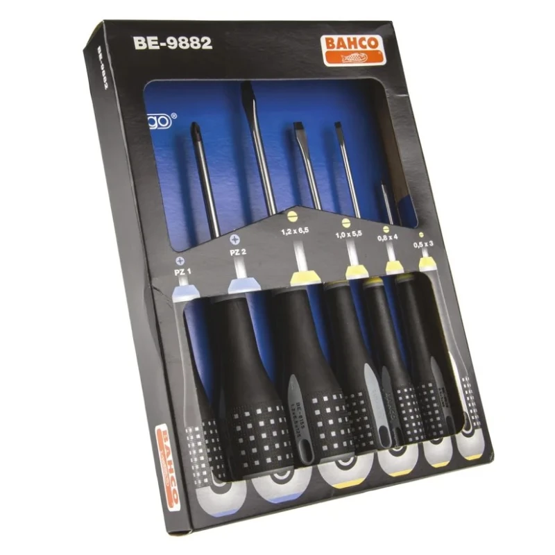 Bahco Pozidriv Standard Screwdriver Set, 6-Piece with Slotted 0.5 to 1.2 mm and Pozidriv PZ1, PZ2 Tips BE-9882
