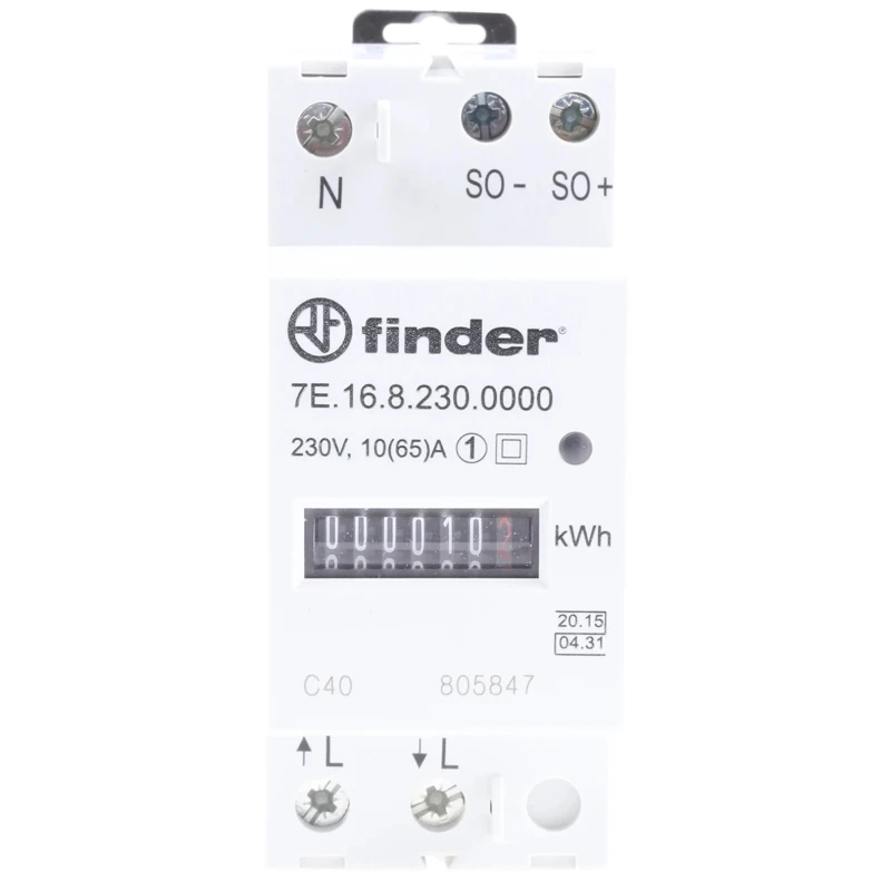 Finder 1 Phase Mechanical Energy Meter DIN Rail Assembly 7-Digit Display, Pulse Output 7E.16.8.230.0010