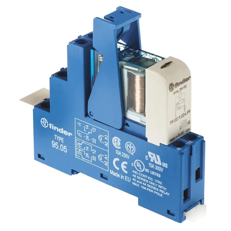 Finder 48 Series Interface Relay DIN Rail Mount 24V DC Coil 8A Switching DPDT Contact 22.2mA Coil Current 48.52.7.024.0050SPA