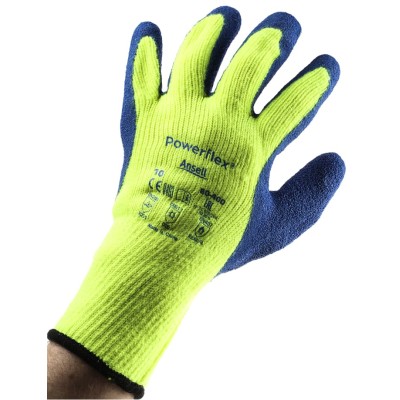 Ansell PowerFlex Yellow Acrylic Work Gloves, Size 10, Latex Coating 80400100