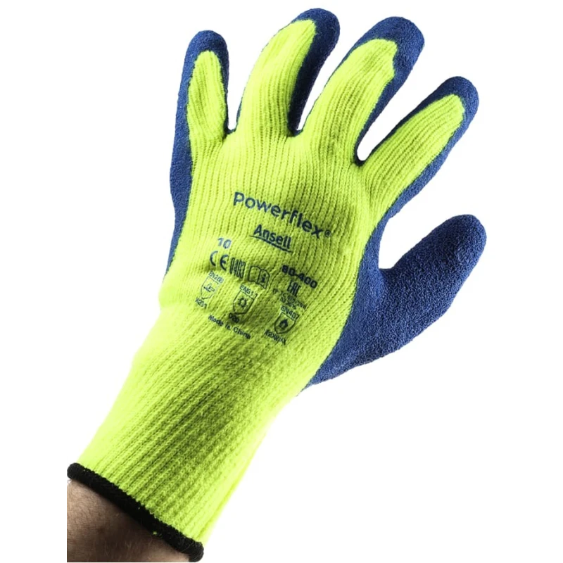 Ansell PowerFlex Yellow Acrylic Work Gloves, Size 10, Latex Coating 80400100