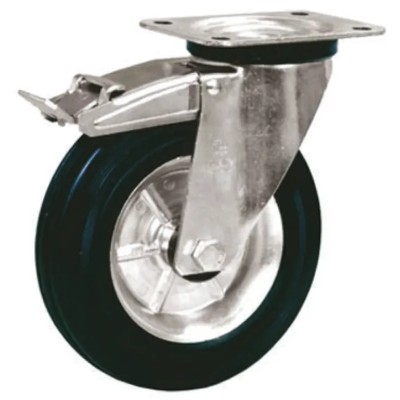LAG Braked Swivel Castor, 60 kg Load Capacity, 80 mm Rubber Wheel, Galvanised Steel Frame, Roller Bearing, Model 12254 FR