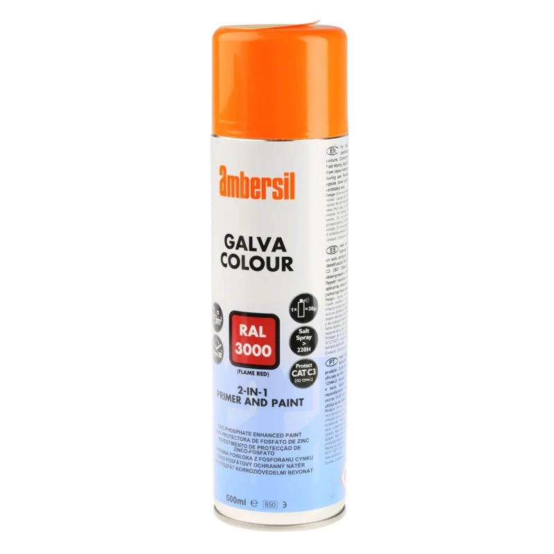 Ambersil 500 ml RAL 3000 Red Satin Spray Paint Zinc Phosphate Enhanced Coating 6190011531
