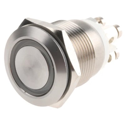 Bulgin Illuminated Push Button Switch Momentary Panel Mount 19.2 mm Cutout SPST White LED IP66 24 V dc MPI002
