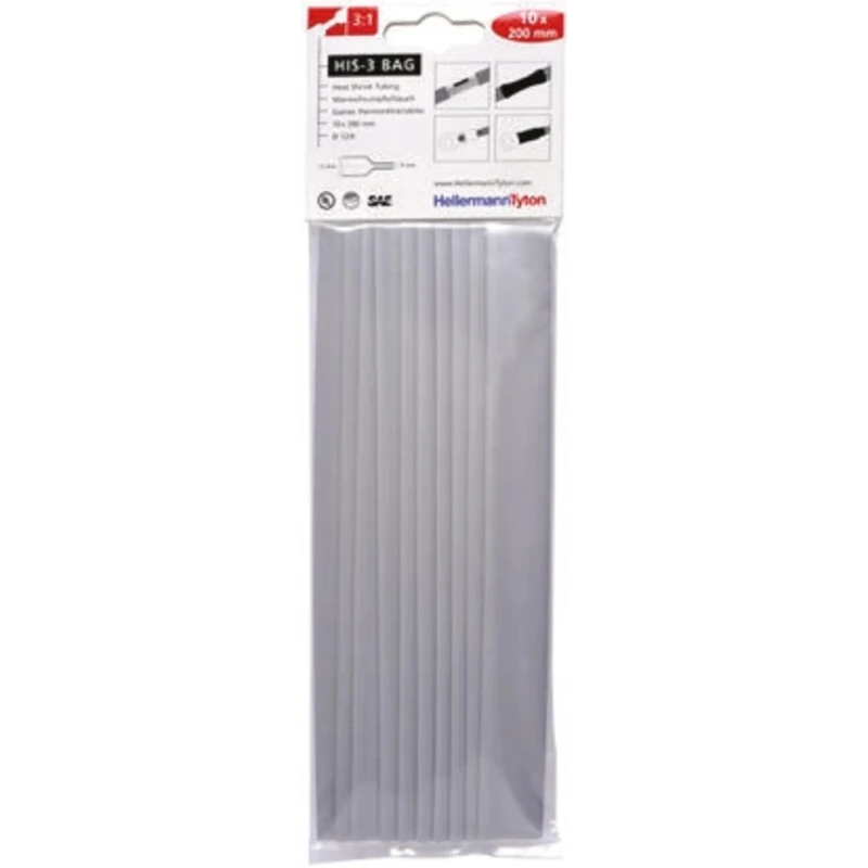 HellermannTyton Heat Shrink Tubing Grey 12 mm Sleeve Diameter x 200 mm Length 3:1 Ratio 308-31213 HIS-3-BAG-12/4-PO-X-GY
