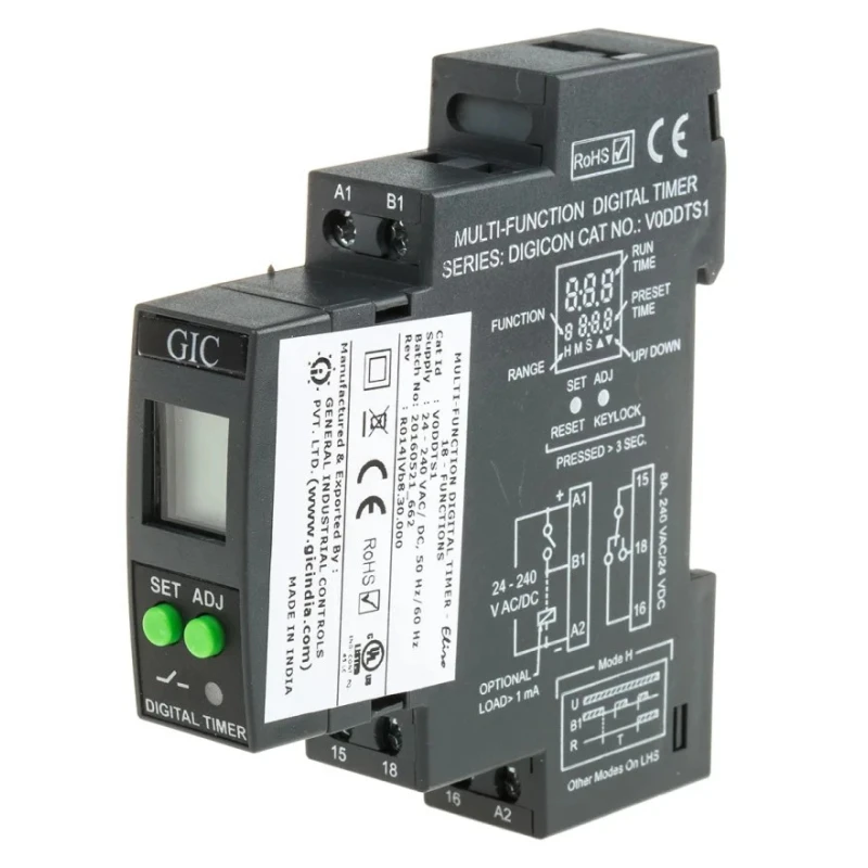 GIC Multifunction DIN Rail Timer Relay 1-Contact 240 V dc 24 V ac 240 V ac 0.1 s to 999 h V0DDT