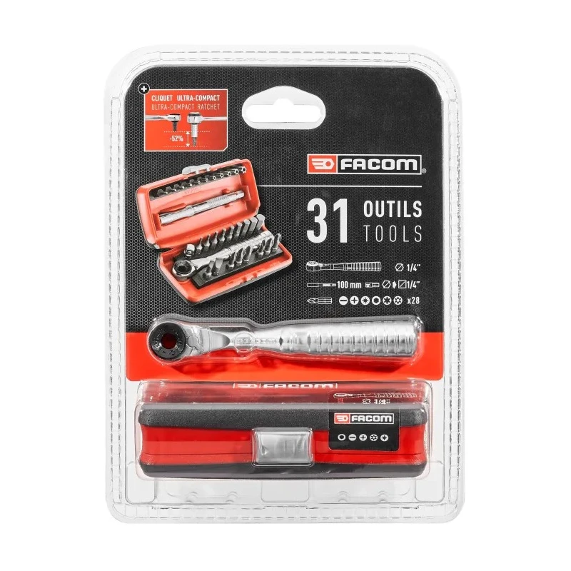 Facom Screwdriver Bit Set 31 Pieces Steel, Hex, Phillips, Pozidriv, Slotted, Torx, 1/4 in Drive, Overall Length R.PEJ31PB