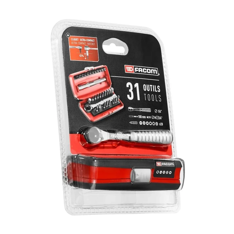 Facom Screwdriver Bit Set 31 Pieces Steel, Hex, Phillips, Pozidriv, Slotted, Torx, 1/4 in Drive, Overall Length R.PEJ31PB