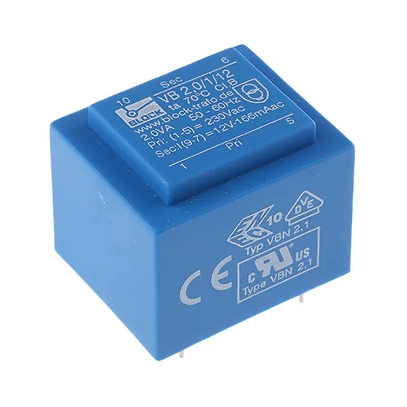 Block PCB Transformer 12 V ac 1 Output Pin Mount 2 VA with ENEC 10 (VDE), C-UL-US Approvals VB 2,0/1/12
