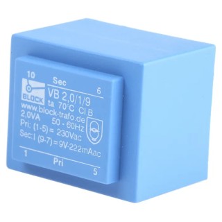 Block PCB Transformer 230 V ac Primary, 9 V ac Secondary, 2VA Power, Through Hole Mount VB 2,0/1/9