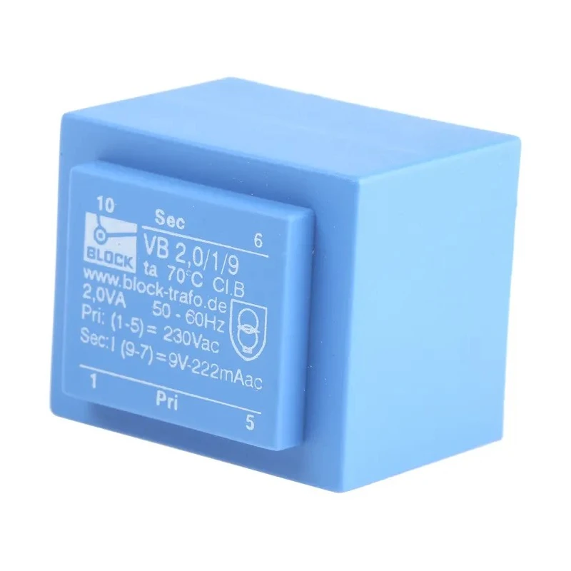 Block PCB Transformer 230 V ac Primary, 9 V ac Secondary, 2VA Power, Through Hole Mount VB 2,0/1/9
