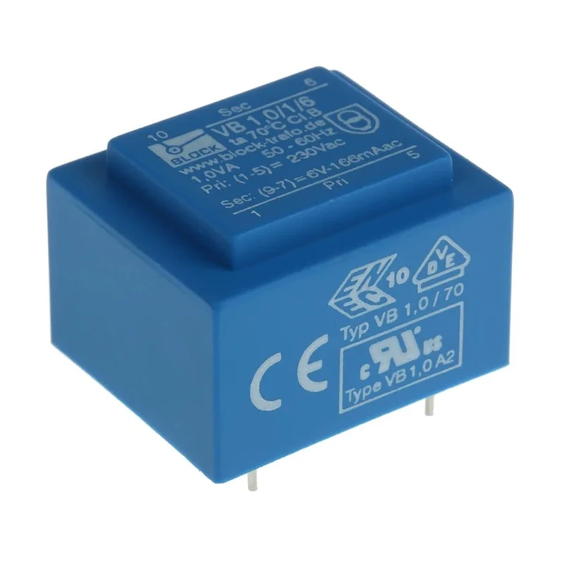 Block PCB Transformer 6 V ac 1 Output Pin, 230 V ac Primary, 1 VA, Pin Mount, VB 1,0/1/6