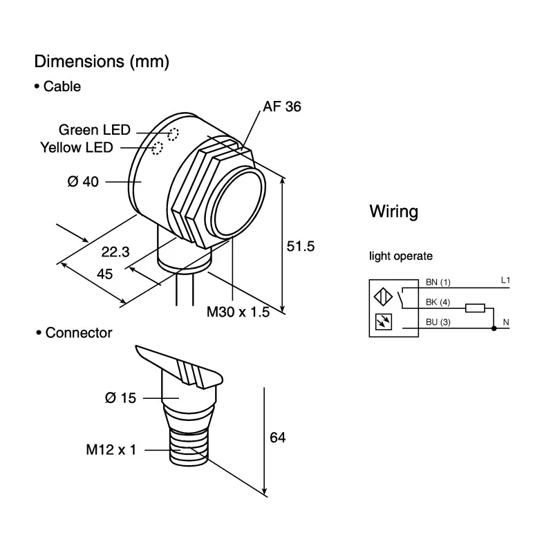 Banner Diffuse Photoelectric Sensor, Barrel Style, 400 mm Detection Range, Relay Output, IP69K, Model T30AW3FF400