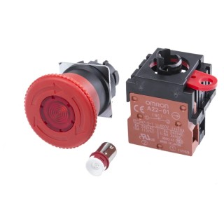 Omron A22E Series Twist Release Illuminated Emergency Stop Push Button Panel Mount 22mm Cutout 1 NC IP65 A22EL-M-24A-01