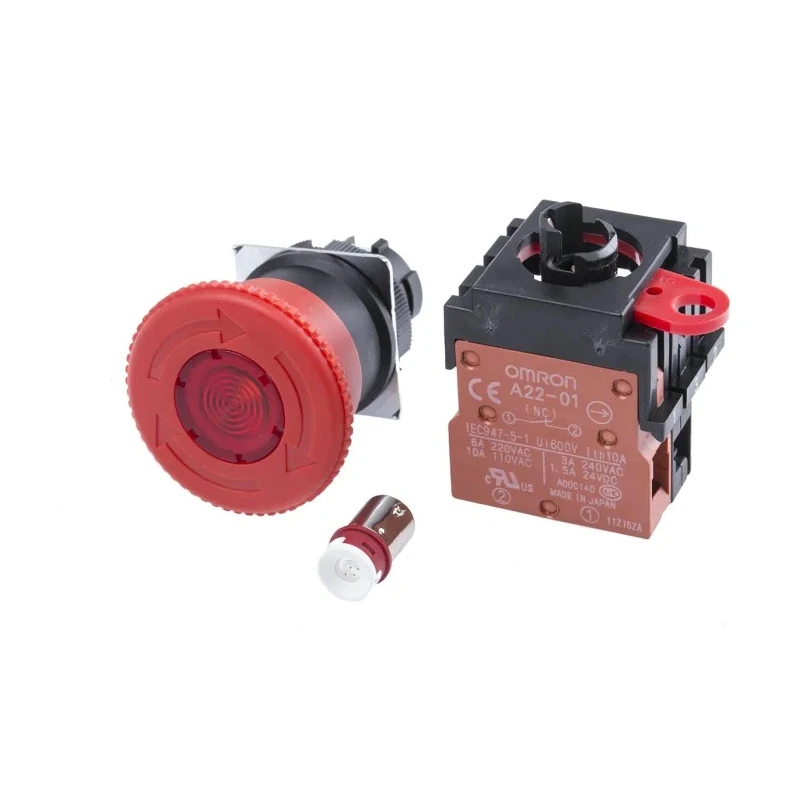 Omron A22E Series Twist Release Illuminated Emergency Stop Push Button Panel Mount 22mm Cutout 1 NC IP65 A22EL-M-24A-01