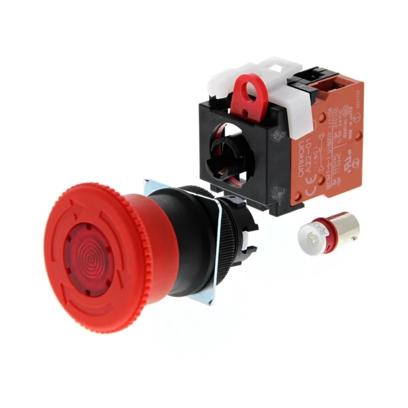 Omron A22E Series Twist Release Illuminated Emergency Stop Push Button Panel Mount 22mm Cutout 1 NC IP65 A22EL-M-24A-01