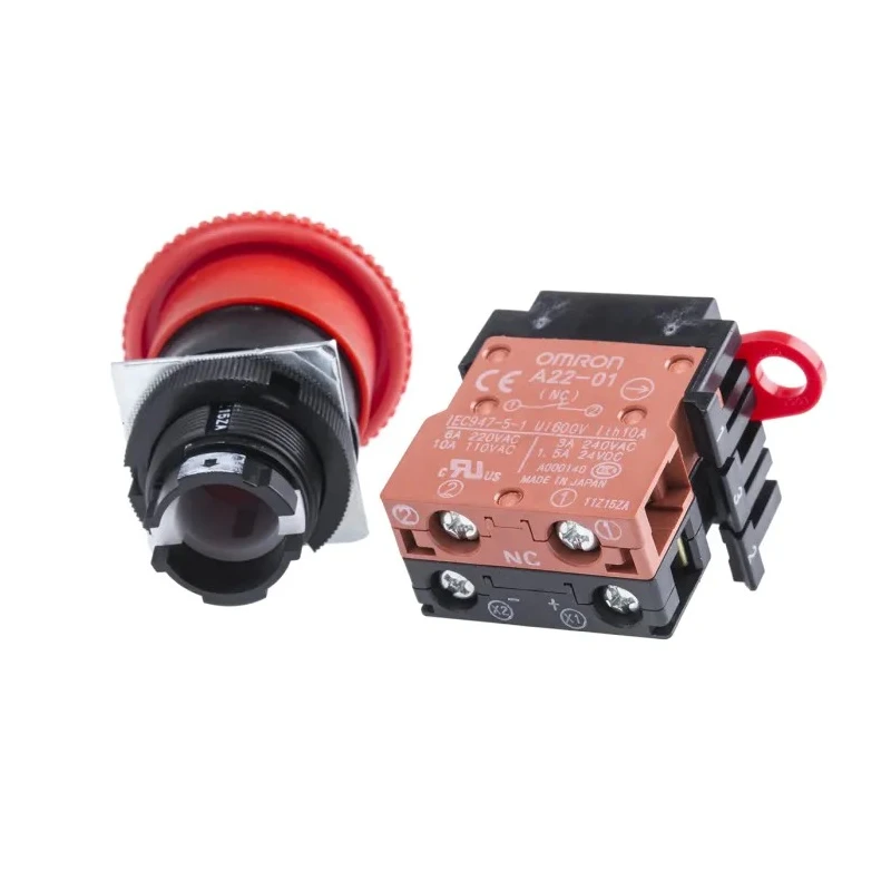Omron A22E Series Twist Release Illuminated Emergency Stop Push Button Panel Mount 22mm Cutout 1 NC IP65 A22EL-M-24A-01