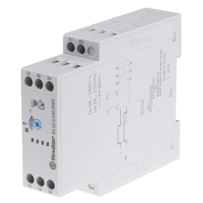 Finder 83 Series DIN Rail Timer Relay, 2-Contact, 24 to 240 V AC/DC, 8A Contact Current, 0.05 to 180 s 83.62.0.240.0000