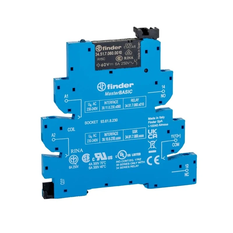 Finder 39 Series Interface Relay DIN Rail Mount 240V AC Coil 6A SPDT Silver Alloy Contacts 39.11.8.230.0060