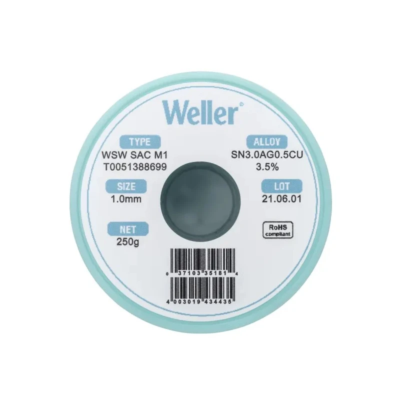 Weller Lead Free Solder Wire 1 mm Diameter 250 g Spool Rosin Flux Core 217°C Melting Point T0051388699
