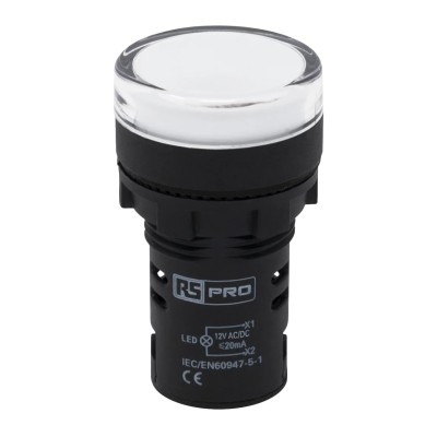 RS PRO Panel Mount White LED Pilot Light 22 mm Cutout 12 V ac/dc IP65 Round 791-8579