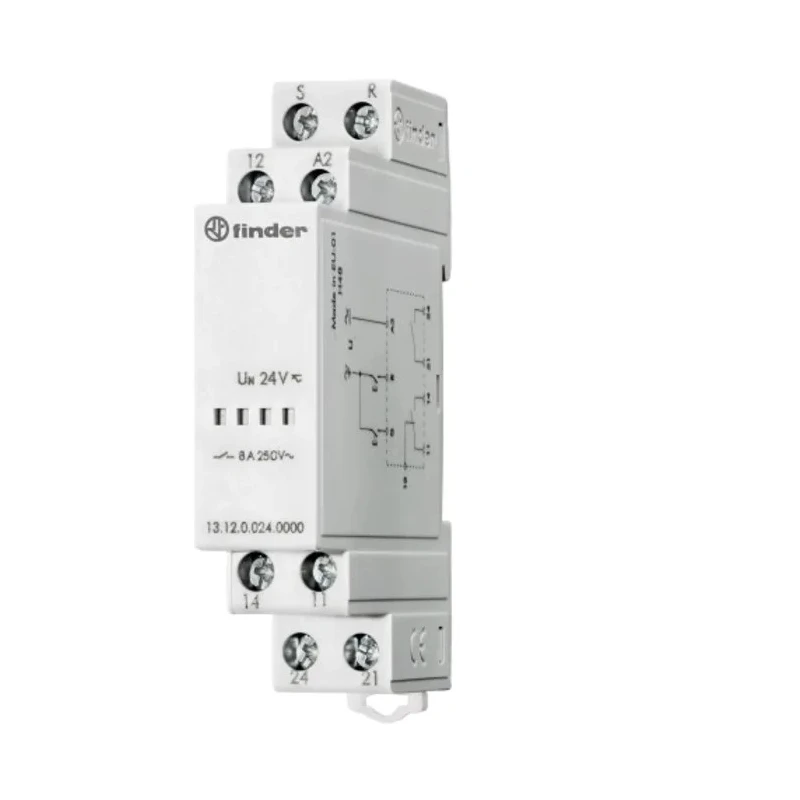 Finder DIN Rail Power Relay 24V AC/DC Coil Voltage 8A Switching Current SPDT Model 13.12.0.024.0000