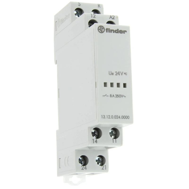 Finder DIN Rail Power Relay 24V AC/DC Coil Voltage 8A Switching Current SPDT Model 13.12.0.024.0000